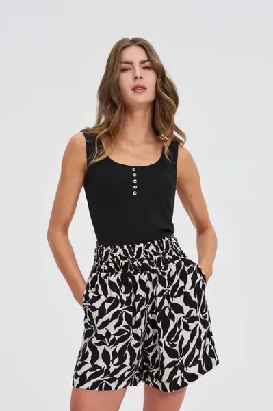 Marisse Black Ribbed Button-Up Top