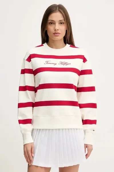 Mikina Tommy Hilfiger dámská, červená barva, vzorovaná, WW0WW45743