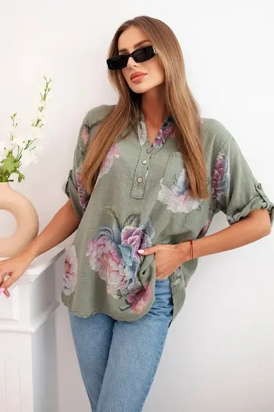 Kesi Włoski Dámská bavlněná halenka s květinovým vzorem khaki