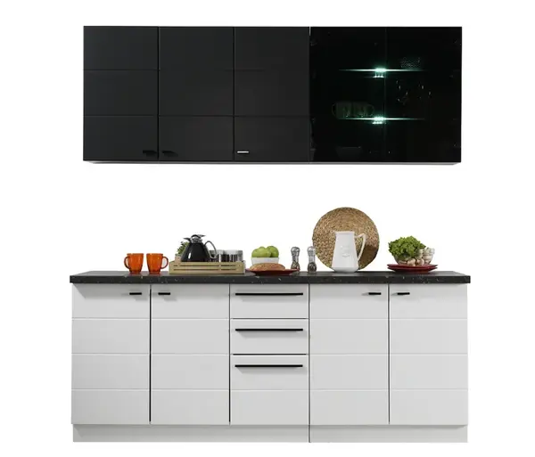 Kuchyňská linka s osvětlením 200 birch-bílá/černá - s pracovní deskou