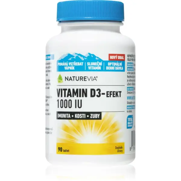 NatureVia Vitamin D3 Efekt 1000 IU tablety pre normálnu funkciu imunitného systému, stav kostí, zubov a činnosť svalov 90 tbl