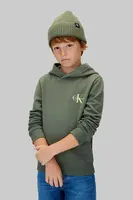 Dětská bavlněná mikina Calvin Klein Jeans zelená barva, s kapucí, s potiskem, IU0IU00712