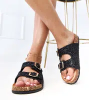 marka niezdefiniowana Black glitter slides on a cork sole Flotila
