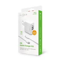 Set síťové nabíječky FIXED s USB-C a 2xUSB výstupem a USB-C/USB-C kabelu, podpora PD, 45W, bílý