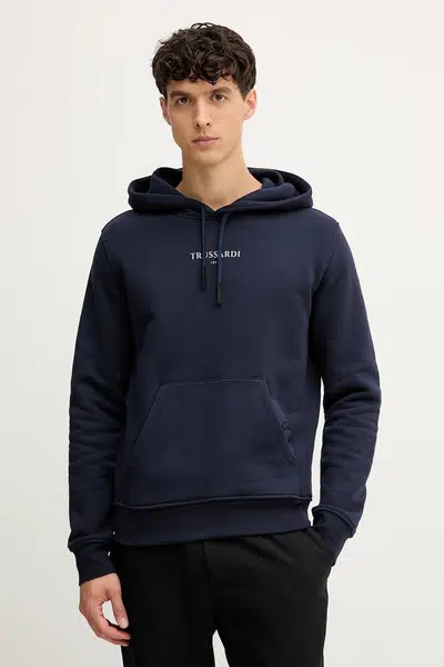 Bavlněná mikina Trussardi pánská, tmavomodrá barva, s kapucí, s potiskem, G8108000056N