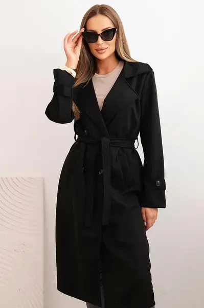 Kesi Włoski Dámský kabát v pase se zavazováním, límcem a knoflíky černý