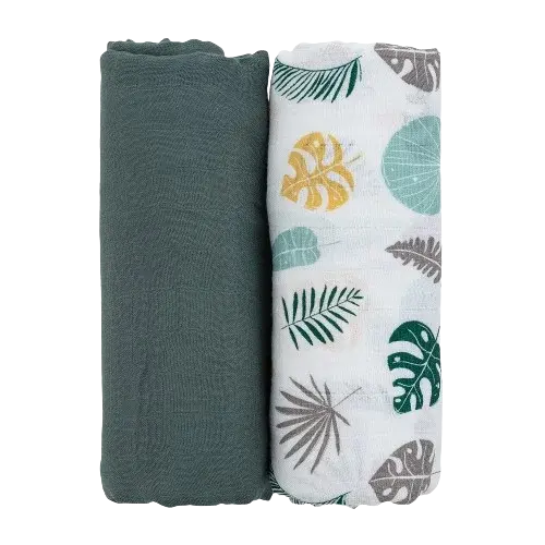 PETITE&MARS Prikrývka bambusová mušelínová Misty Green Leaves 2v1, 120 x 120 cm 2 ks