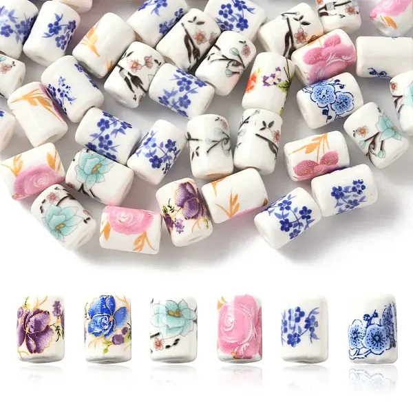 40Pcs Floral Printed Porcelain Beads