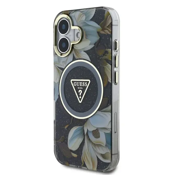 Zadní kryt Guess IML Glitter Magnolia and Triangle Logo MagSafe pro Apple iPhone 16, černá