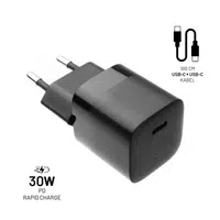 Set síťové nabíječky FIXED Mini, USB-C výstup, USB-C/USB-C kabel, podpora PD, 1 metr, 30W, černá