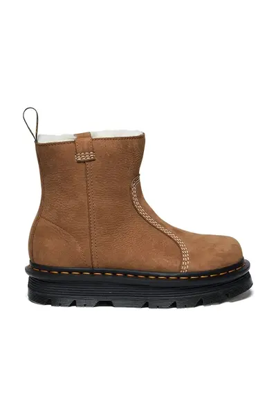 Nubukové boty Dr. Martens ZebZag Rigger Warm Lined dámské, hnědá barva, na platformě, zateplené, DM42023200