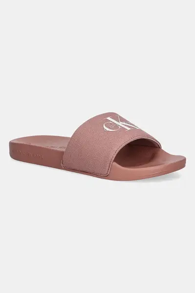 Pantofle Calvin Klein Jeans SLIDE MONOGRAM WN LOGO CK dámské, béžová barva, YW0YW01967