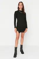 Trendyol Black High Neck Slit Mini Knitted Dress