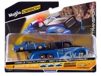 Missile Tow Flatbed Truck Blue Metallic and Black with Graphics and 1987 Chevrolet Caprice Lowrider Blue Metallic with Graphics "Elite Transport" Ser