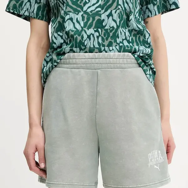 Kraťasy Puma dámské, zelená barva, s potiskem, high waist, 685035