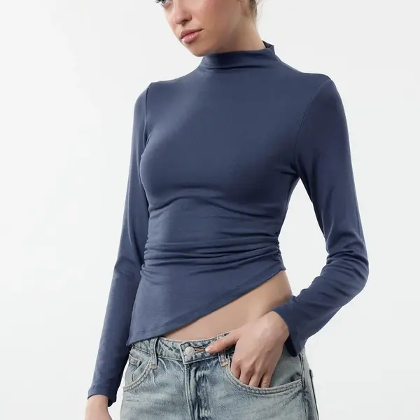 Trendyol Indigo Fitted Gather/Drape Detail Stand Collar Knitted Blouse