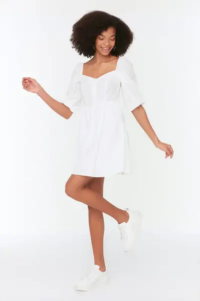Trendyol Ecru Mini Waist Open Woven Balloon Sleeve Woven Dress