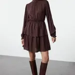 Trendyol Brown Polka Dot Waist Opening Flounce Crew Neck Mini Woven Dress