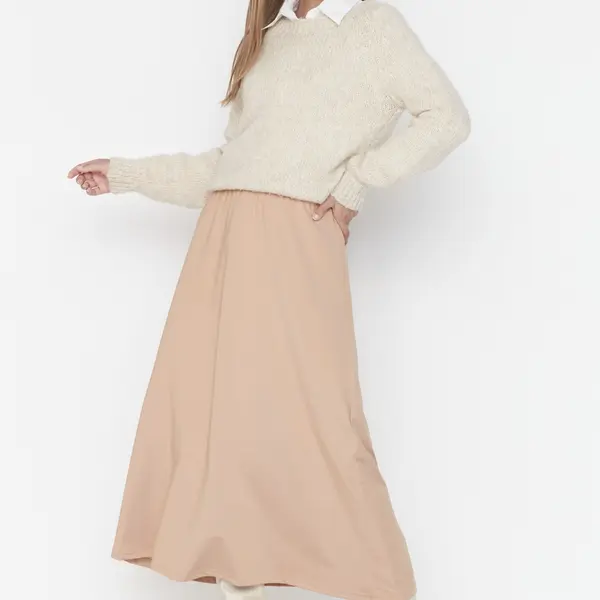 Trendyol Beige High Waist Knitted Skirt With Button Closure