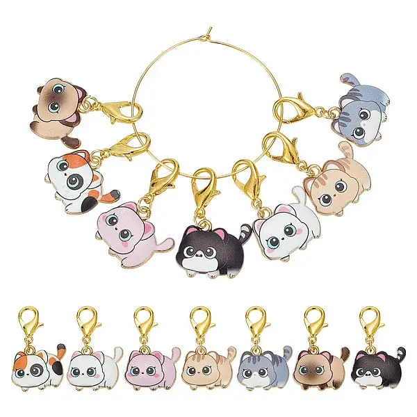 14Pcs 7 Styles Cat Alloy Enamel Pendant Locking Stitch Markers