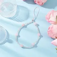 Natural Rose Quartz & Glass Seed Round Beaded Phone Hand Strap Chains