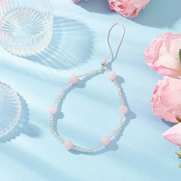 Natural Rose Quartz & Glass Seed Round Beaded Phone Hand Strap Chains