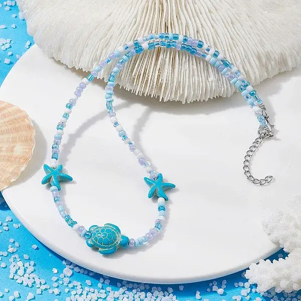 Synthetic Turquoise Starfish & Turtle & Seed Beaded Necklace for Women