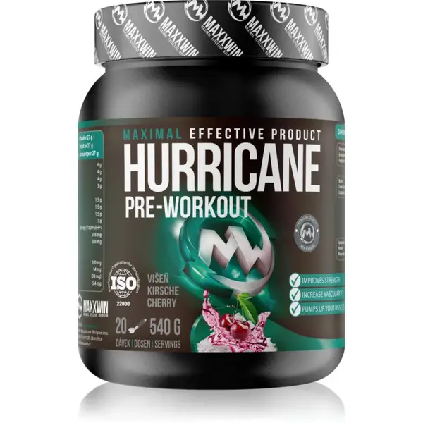 Maxxwin Hurricane Pre-Workout podpora sportovního výkonu příchuť Cherry 540 g