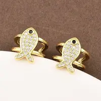 Fish Brass Micro Pave Clear Cubic Zirconia Cuff Earrings