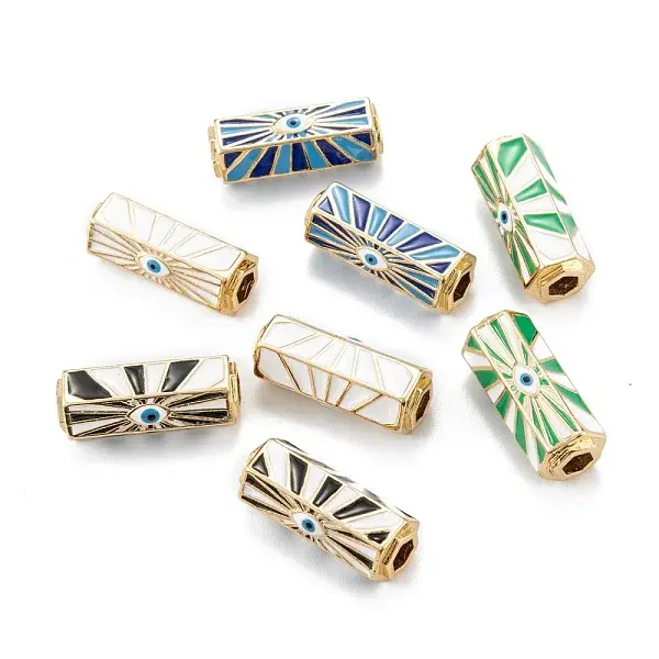 Real 18K Gold Plated Evil Eye Brass Enamel Stripe Tube Beads