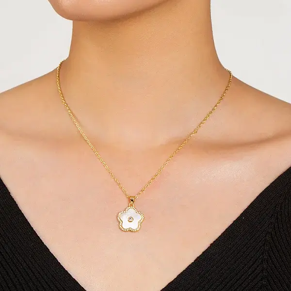 Brass Pave Cubic Zirconia Flower Shape Pendant Necklaces for Women