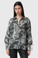 Košile s příměsí hedvábí AllSaints LEYLA dámská, šedá barva, relaxed, s klasickým límcem, W042PC