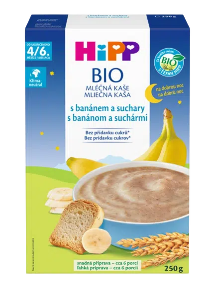 HIPP BIO Kaše mléčná na dobrou noc s banánem a suchary od uk. 4.-6. měsíce 250 g