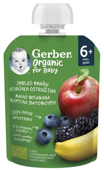 GERBER Organic kapsička jablko, banán, borůvka a ostružina 90 g