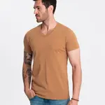 Ombre Men's BASIC classic cotton T-shirt with a v-neck - brown