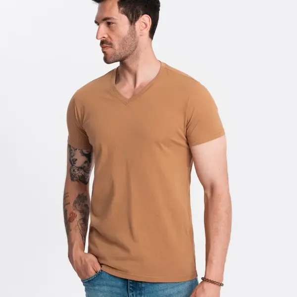 Ombre Men's BASIC classic cotton T-shirt with a v-neck - brown