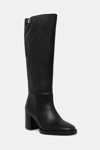 Kožené čižmy Tommy Hilfiger STACKED HEEL LEATHER LONG BOOT