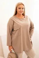 Kesi Włoski Dámská blůza Plus Size s bavlnou, s kapsou a ohrnovacími rukávy fango