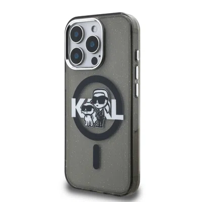 Zadní kryt Karl Lagerfeld IML Glitter Karl and Choupette Sketch MagSafe pro Apple iPhone 15 Pro Max, černá