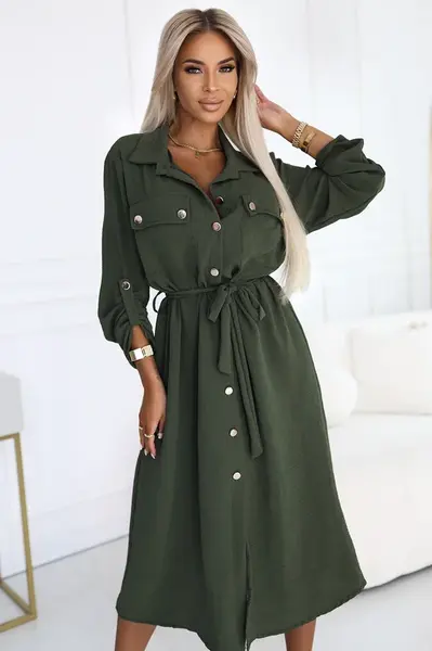 531-5 Midi Shirt Dress with Gold Buttons and Tie - KHAKI