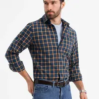 Ombre Men's plaid flannel shirt SLIM FIT - navy blue and orange