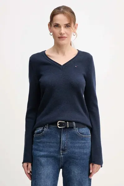 Vlněný svetr Tommy Hilfiger dámský, tmavomodrá barva, WW0WW43505