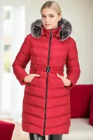 Z6690 DEWBERRY FUR HOODED WOMEN'S COAT-RED-1