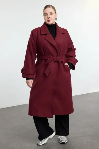 Trendyol Curve Claret Red Regular Fit Wide Collar Detailed Long Wool Blend Cashmere Coat