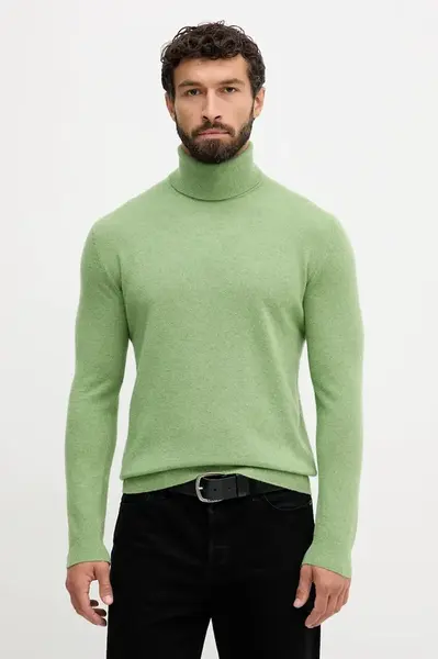 Vlněný svetr United Colors of Benetton pánský, hnědá barva, s golfem, 1002U2180