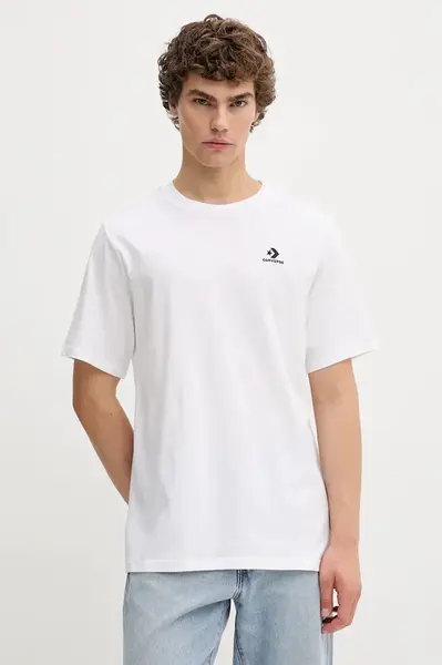 Bavlněné tričko Converse pánské, bílá barva, s aplikací, CVM5T876