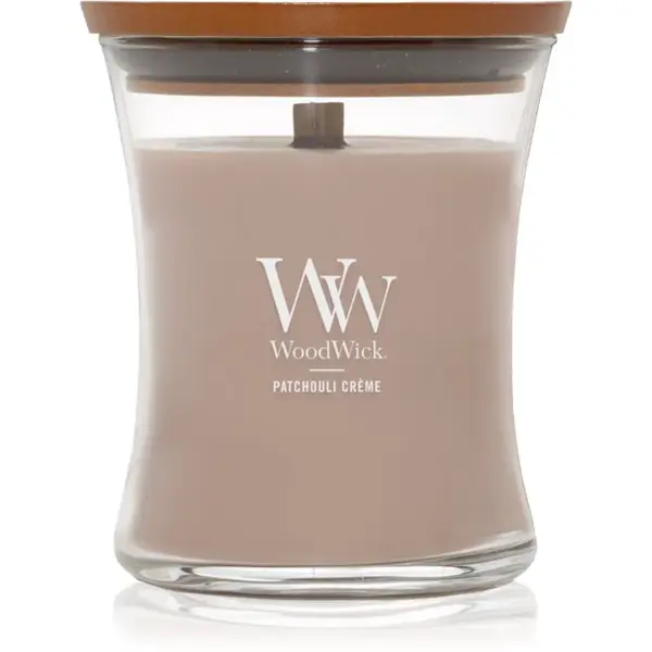 Woodwick Opulent Wood Patchouli Creme vonná svíčka s dřevěným knotem 275 g