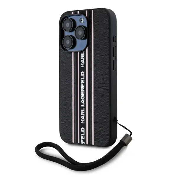 Zadní kryt Karl Lagerfeld PU Saffiano Athleisure Stripe and Strap pro Apple iPhone 15 Pro Max, růžová