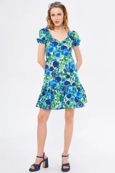 armonika Women's Blue Dekaohto Dress Sleeve Elastic Skirt Frilly Back Zipper Mini Size