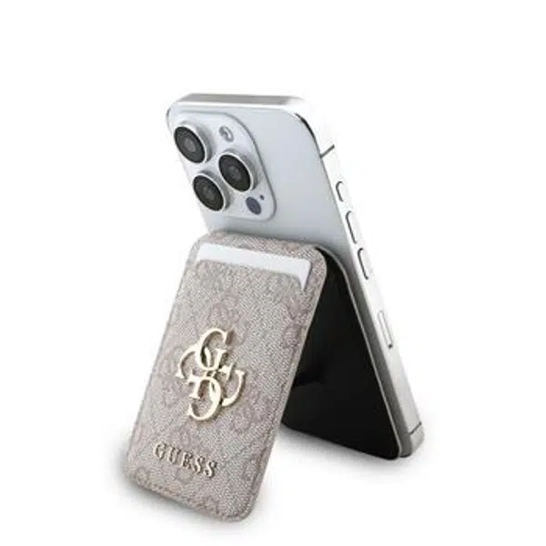 Peněženka se stojanem Guess 4G Metal Logo MagSafe Cardslot, růžová